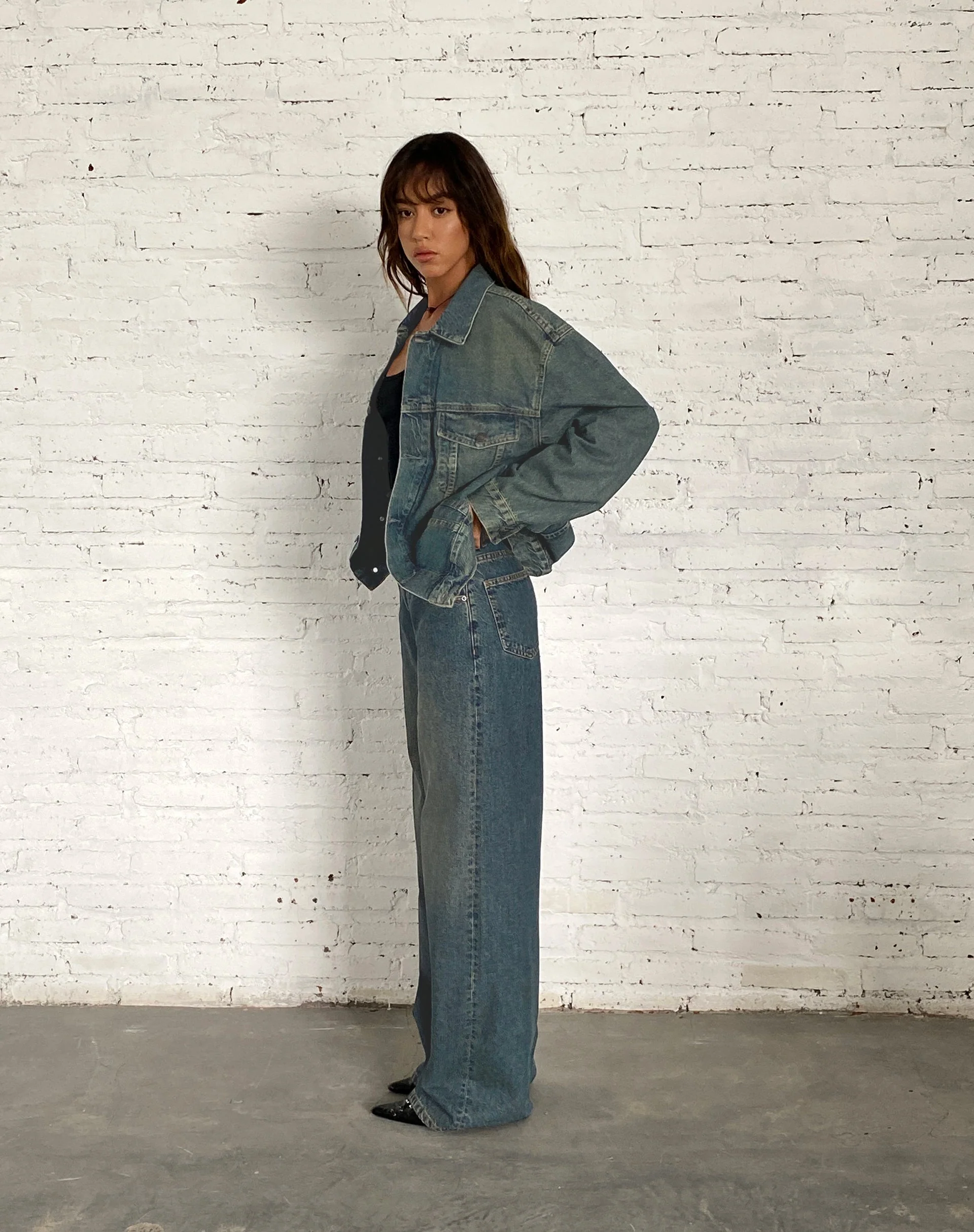 Übergroße Denim-Jacke in Braun Blau Acid - Image 2