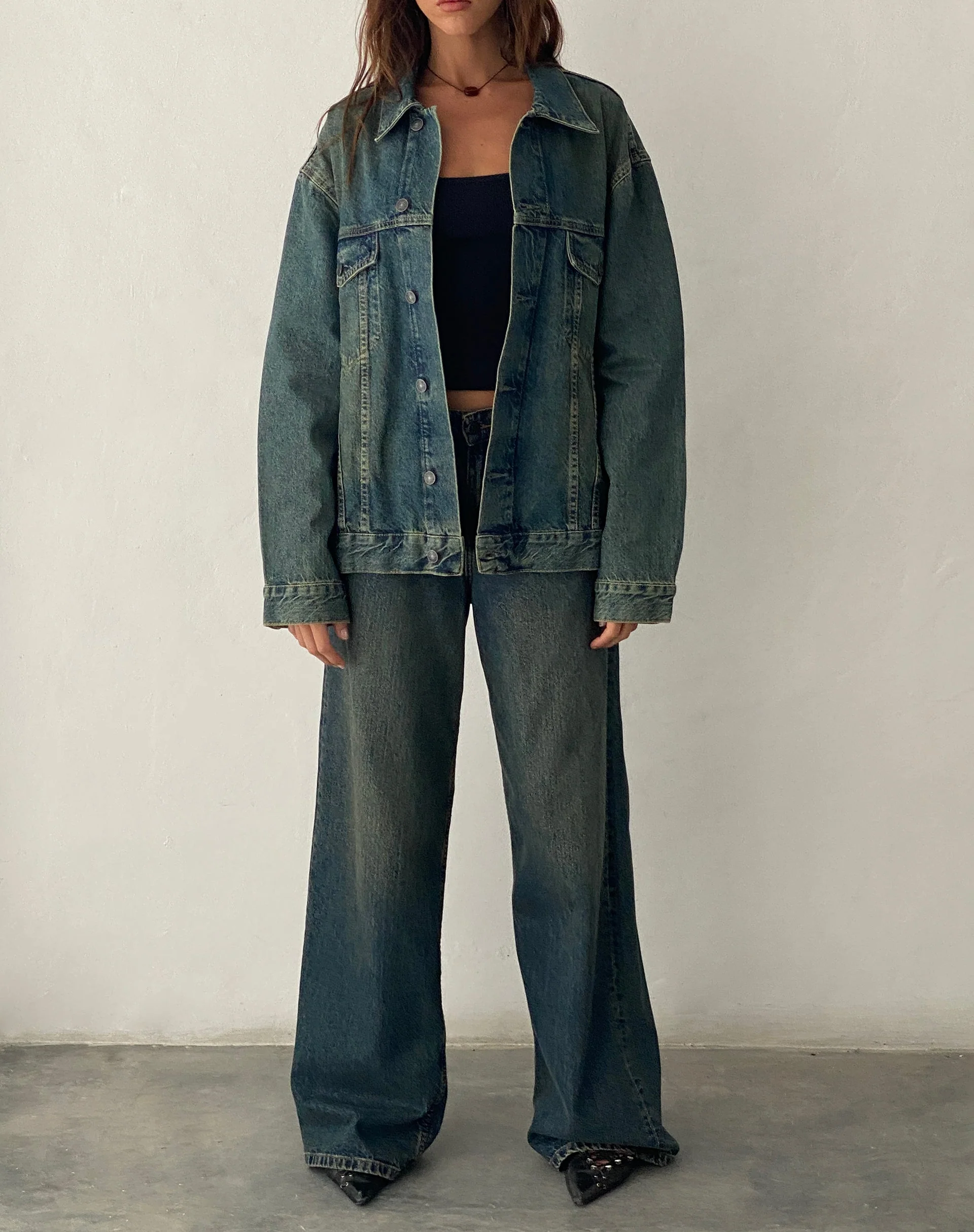 Übergroße Denim-Jacke in Braun Blau Acid - Image 5
