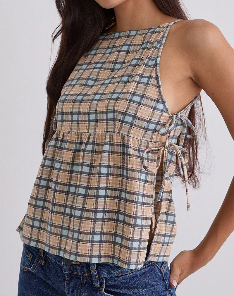 Palsi Lockeres ärmelloses Top in Pastellblau Tartan - Image 2