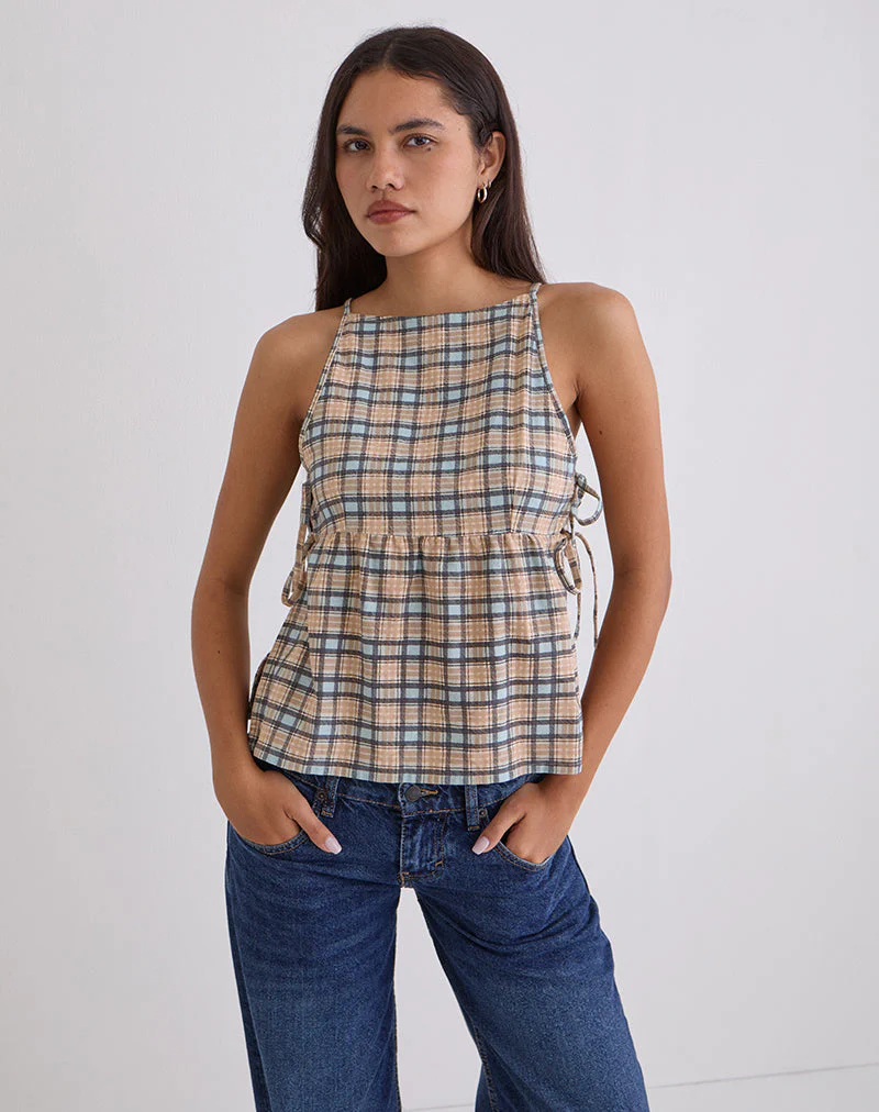 Palsi Lockeres ärmelloses Top in Pastellblau Tartan - Image 3