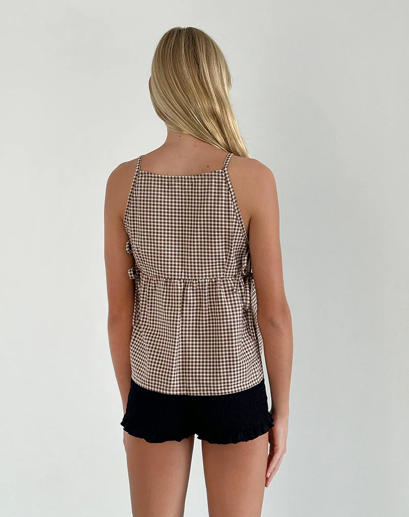Palsi Tie Side Ärmelloses Top in Braun Mini Gingham - Image 3