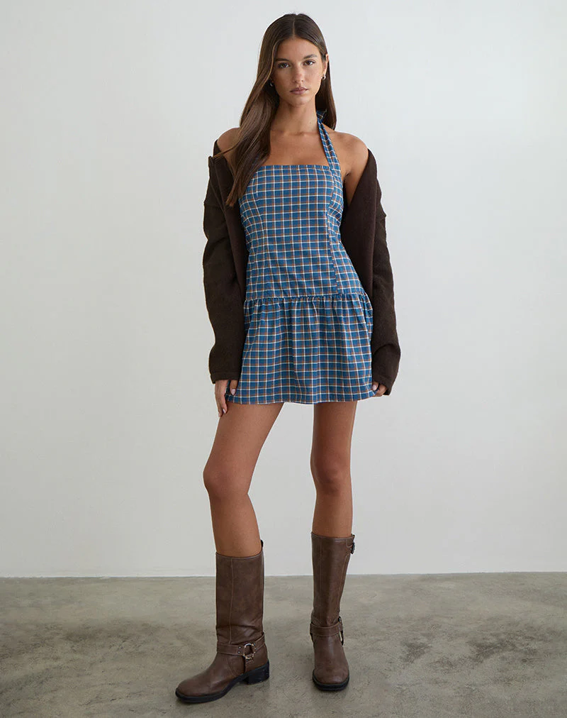 Panja Mini-Halterneck-Kleid in mittelblauem Tartan - Image 2