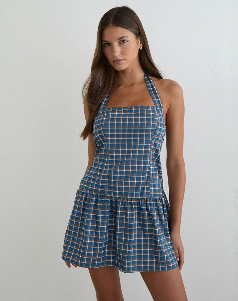 Panja Mini-Halterneck-Kleid in mittelblauem Tartan - Image 4