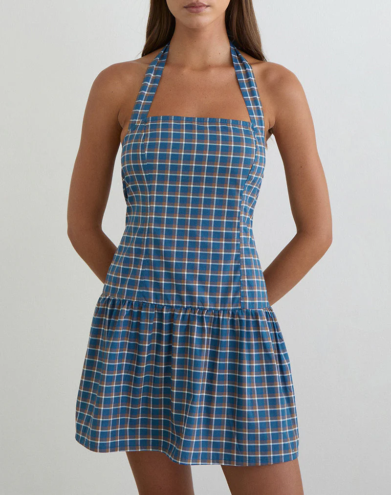 Panja Mini-Halterneck-Kleid in mittelblauem Tartan - Image 5