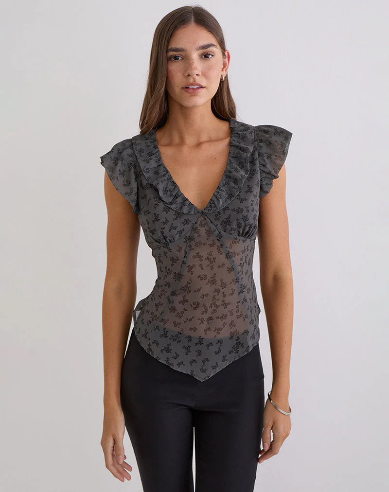 Paquita Top aus Chiffon mit minimalistischen Blumen in Dunkelgrau