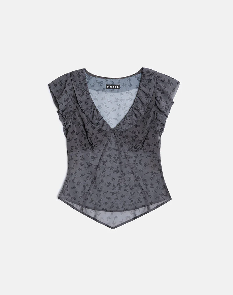 Paquita Top aus Chiffon mit minimalistischen Blumen in Dunkelgrau - Image 2