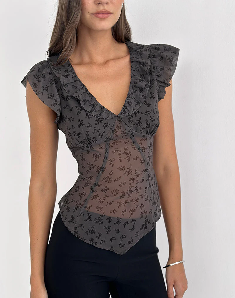 Paquita Top aus Chiffon mit minimalistischen Blumen in Dunkelgrau - Image 4
