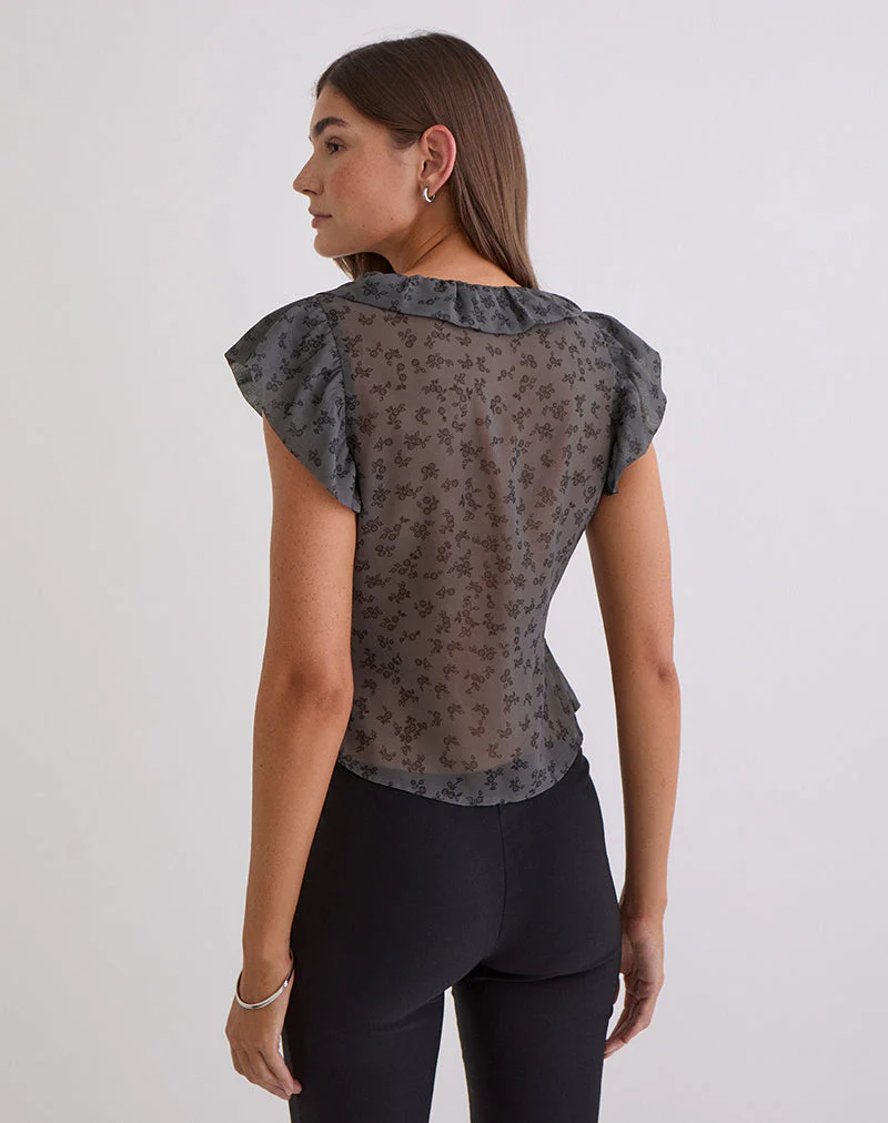 Paquita Top aus Chiffon mit minimalistischen Blumen in Dunkelgrau - Image 5