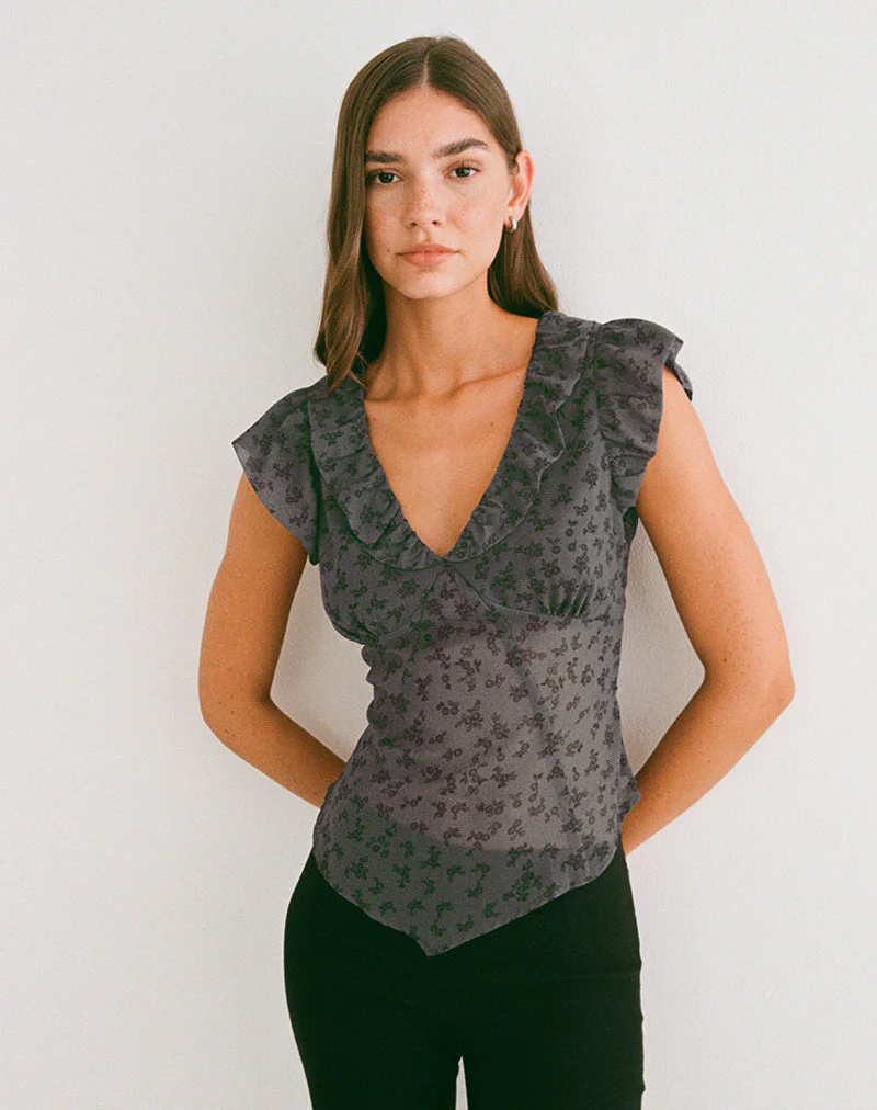 Paquita Top aus Chiffon mit minimalistischen Blumen in Dunkelgrau - Image 6