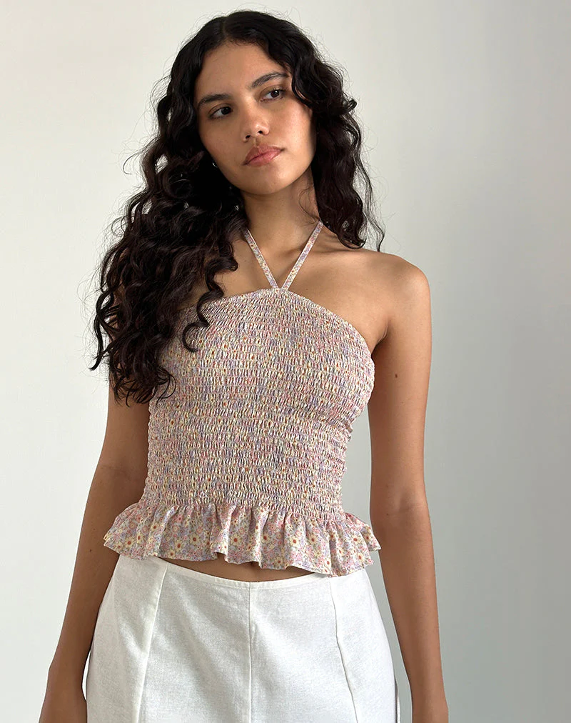 Phobe Gerafftes Neckholder-Top in 70s Prairie Girl Floral - Image 4