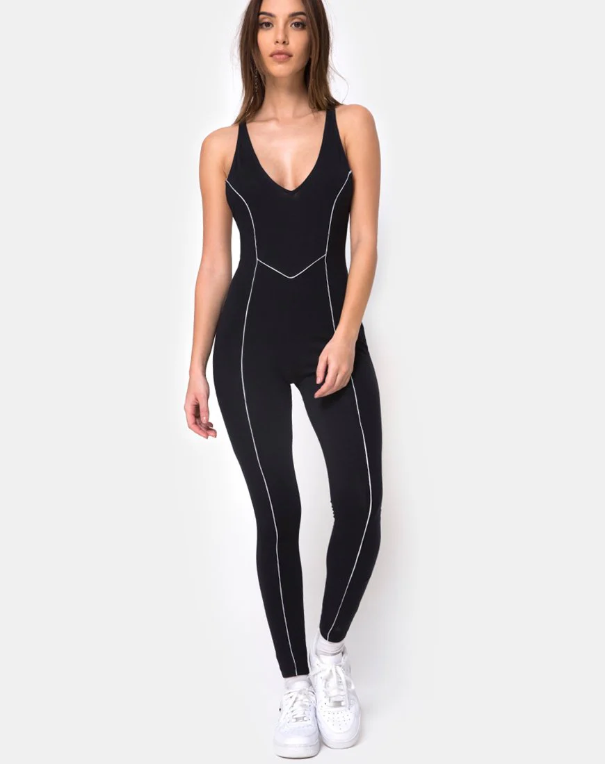 Pion Plunge Catsuit in Schwarz mit Paspelierung