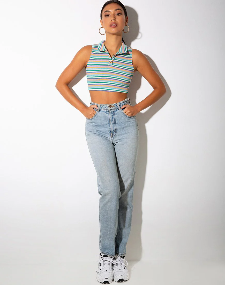 Raco Crop Top in Rib Grün Lila und Gelb - Image 3