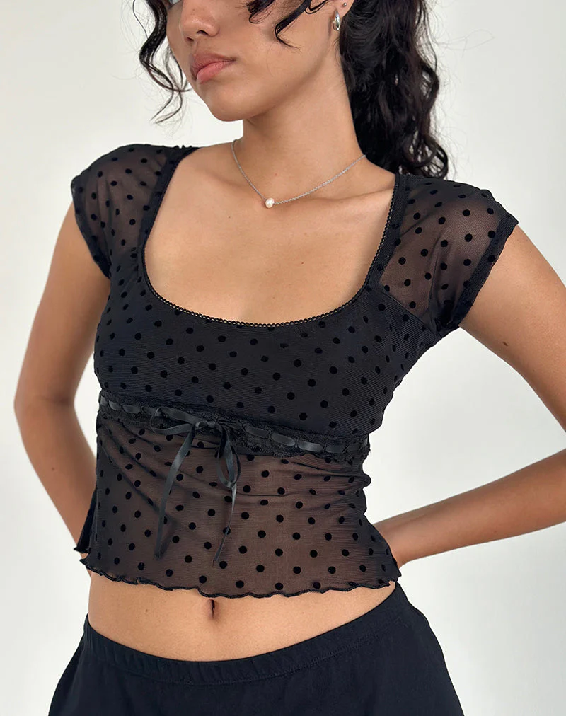 Rada Top aus beflocktem Mesh Basic Polka Schwarz