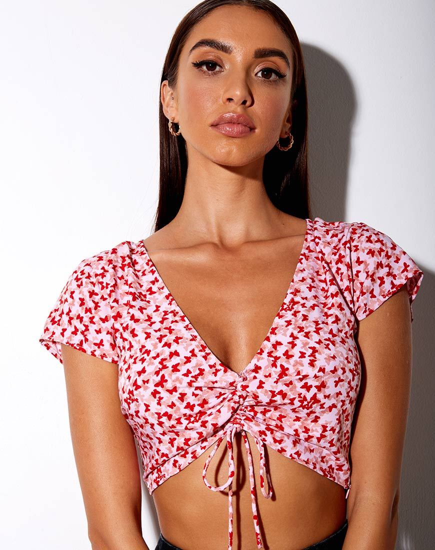 Raeto Crop Top in Ditsy Butterfly Pfirsich und Rot - Image 3