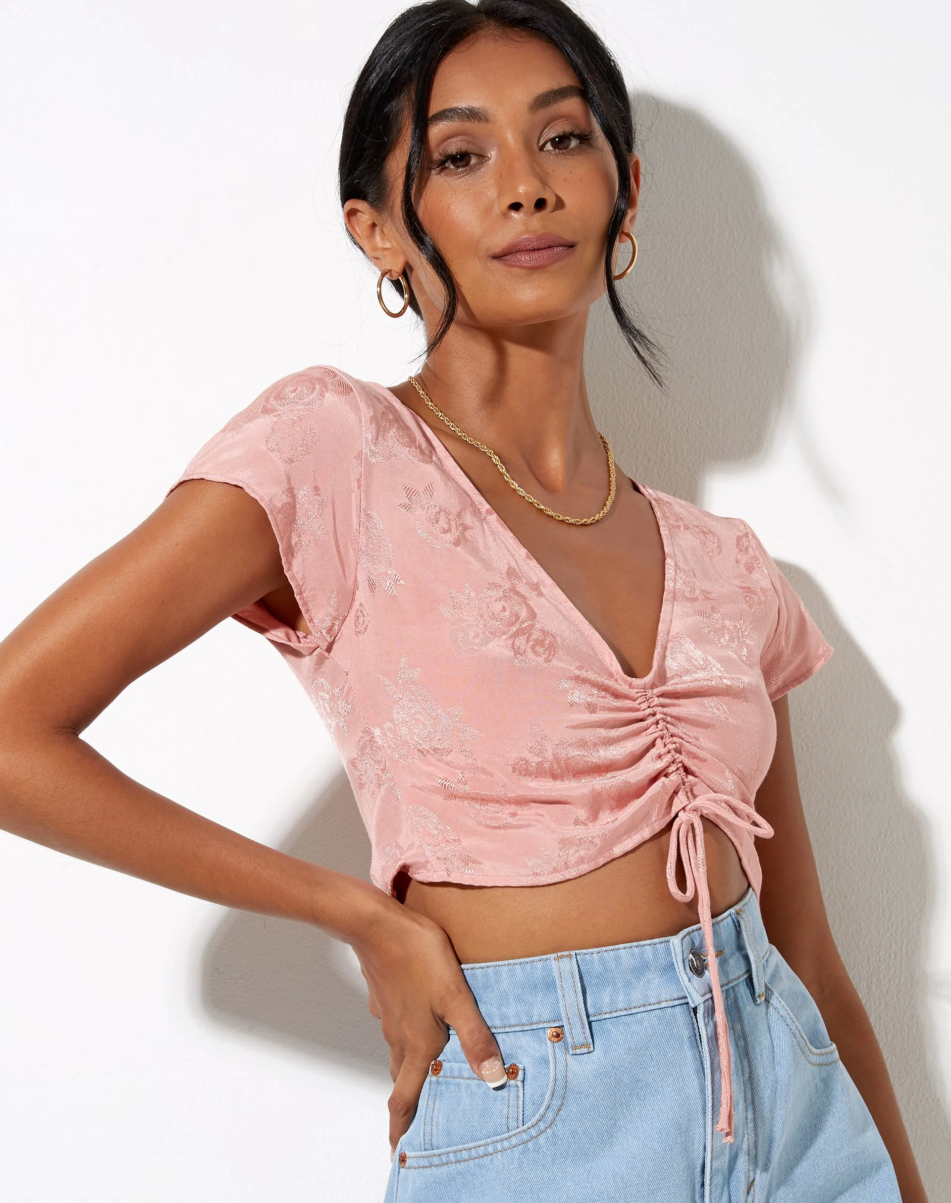 Raeto Crop Top in Satin Rose Coral Blush - Image 3