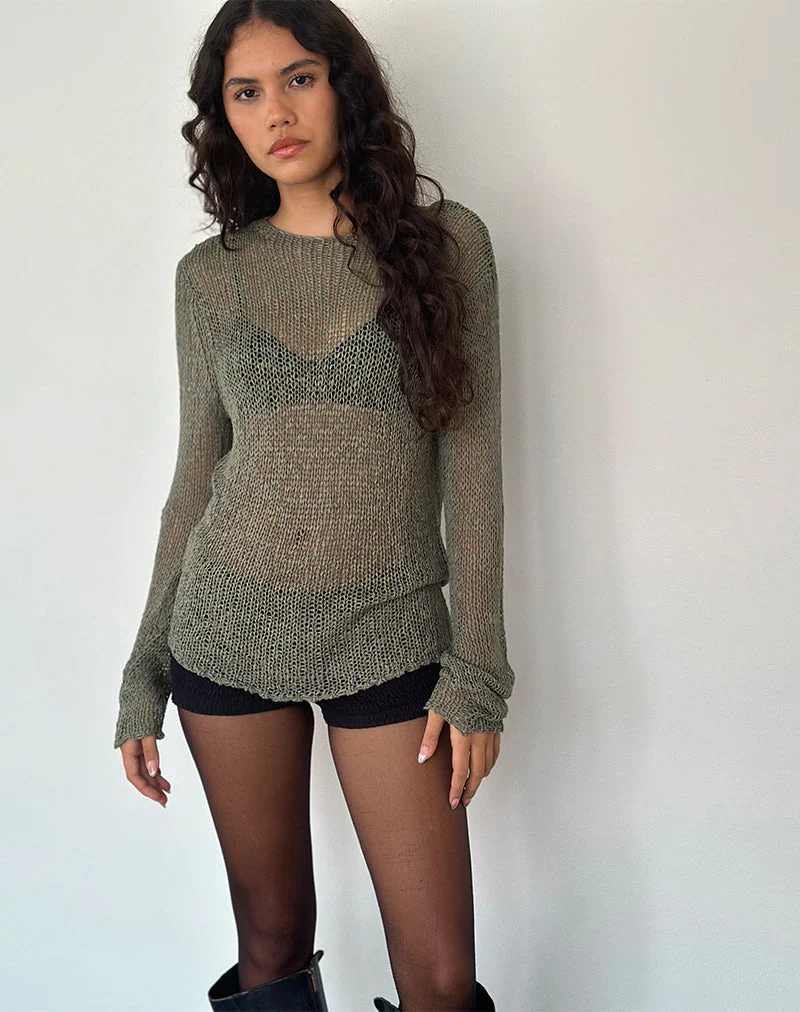 Rajiya Offener Webpulli in Olive - Image 2