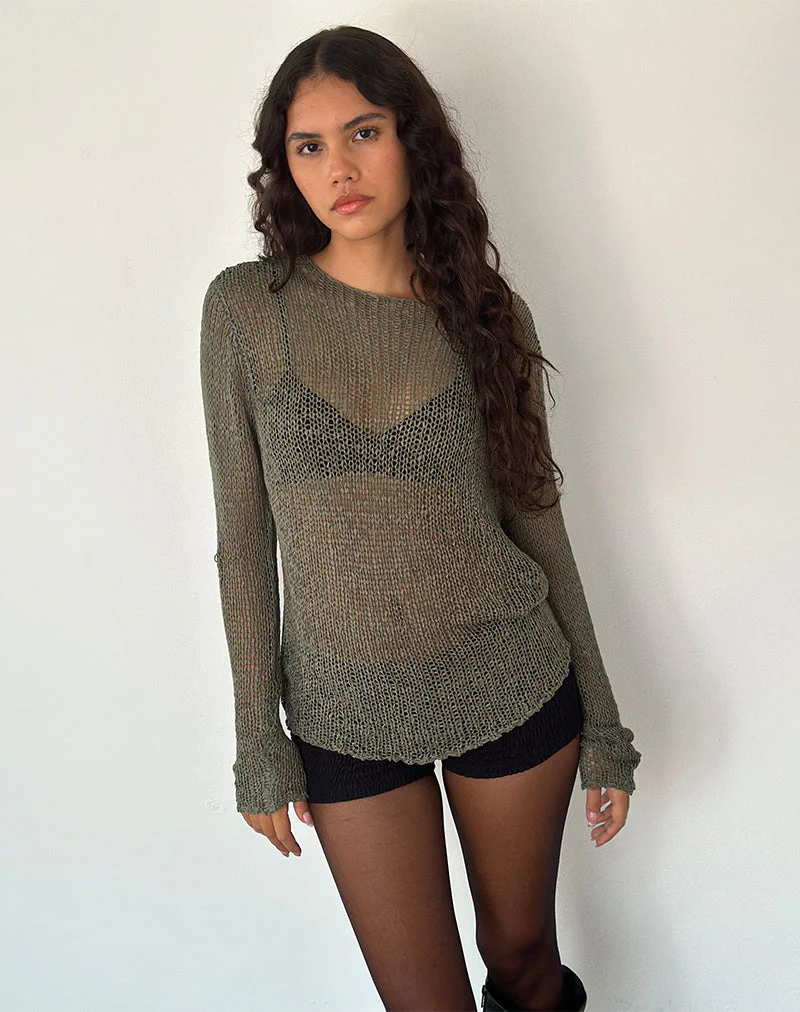 Rajiya Offener Webpulli in Olive - Image 4