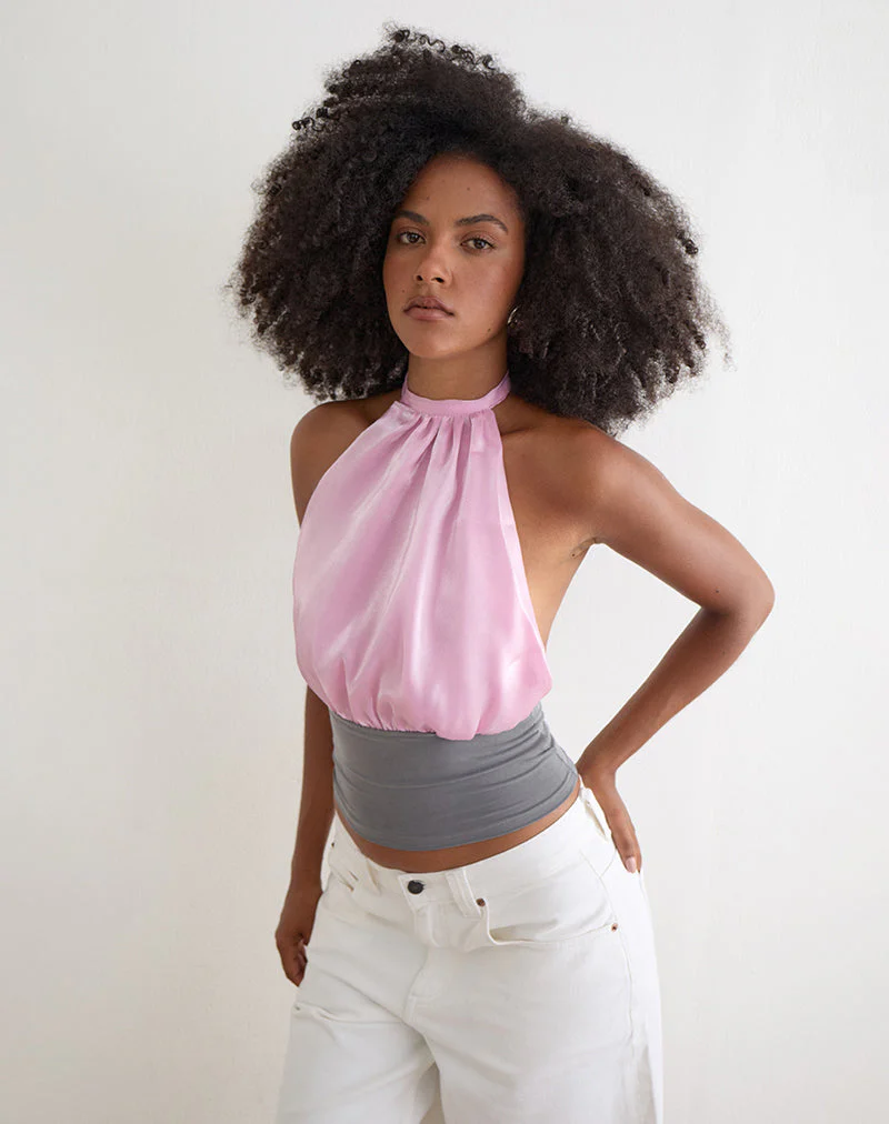 Rania Backless Top in Satin Organza Pink with Grey Contrast - Image 2
