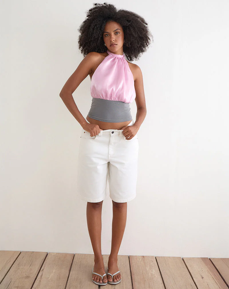 Rania Backless Top in Satin Organza Pink with Grey Contrast - Image 4
