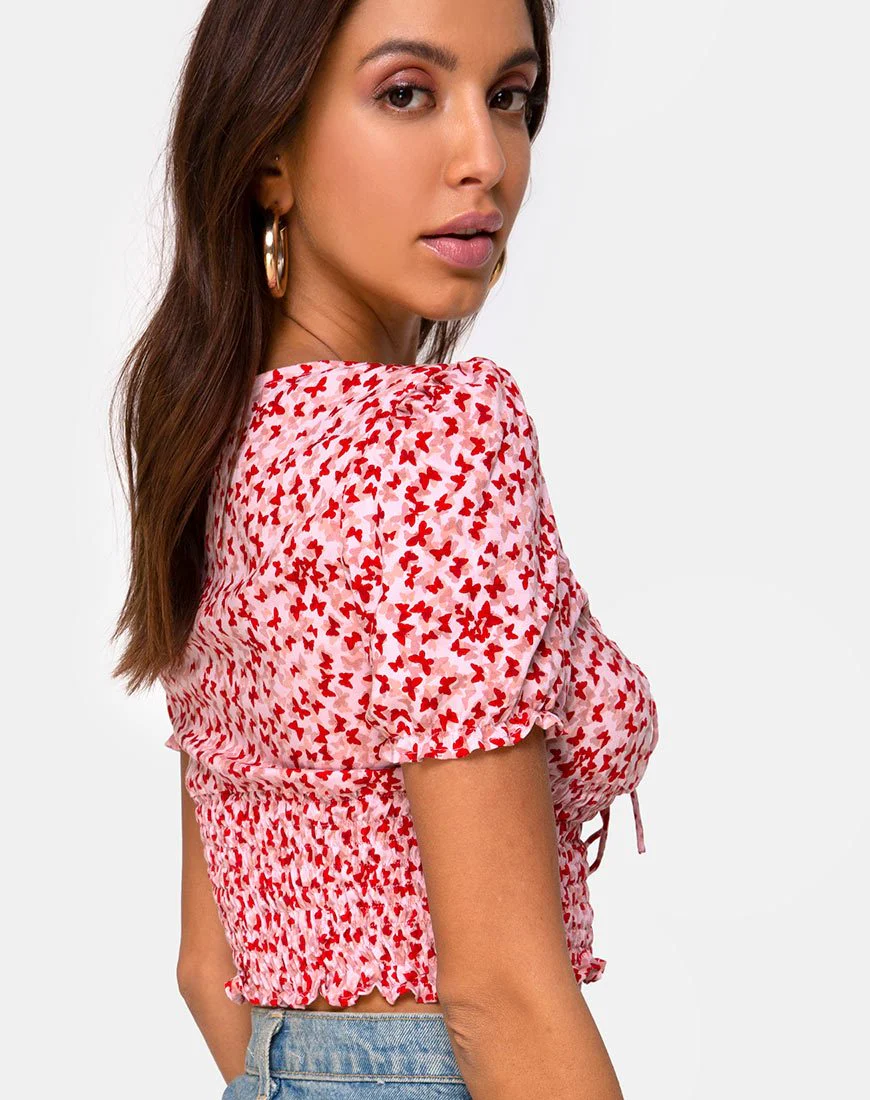 Raquel Crop Top in Ditsy Butterfly Pfirsich und Rot - Image 3