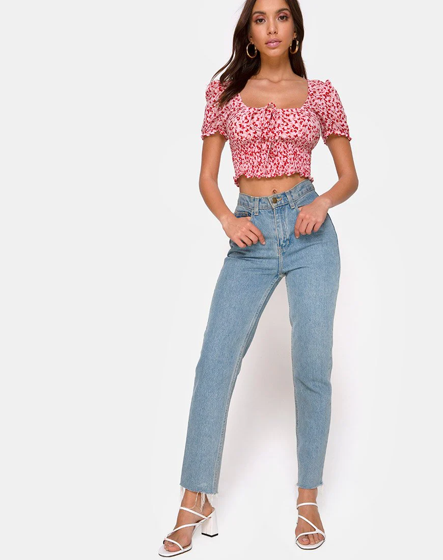 Raquel Crop Top in Ditsy Butterfly Pfirsich und Rot - Image 4