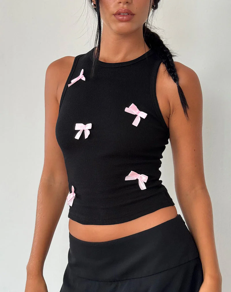 Rave Vest Top in Schwarz mit rosa Schleifen - Image 2