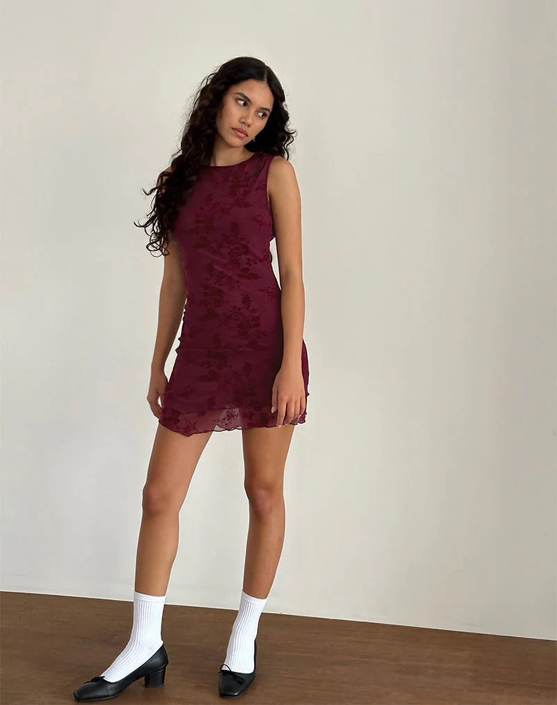 Renata Minikleid aus beflockter botanischer Blume Maroon - Image 3