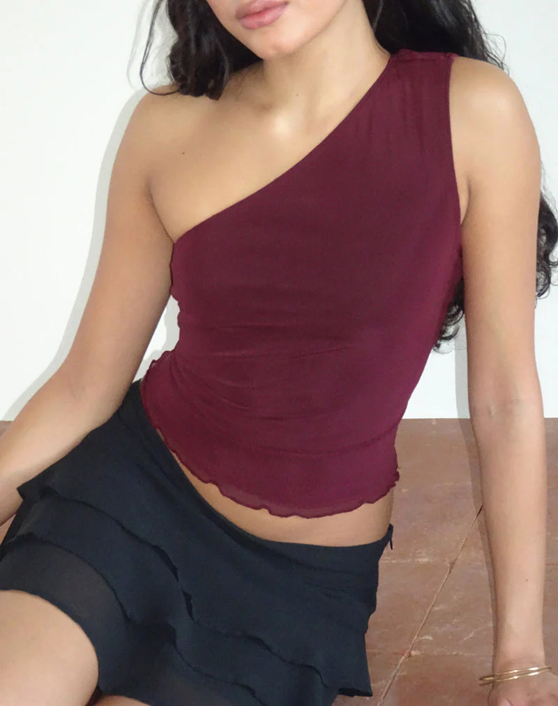 Rhian One Shoulder Top aus Mesh Maroon - Image 2