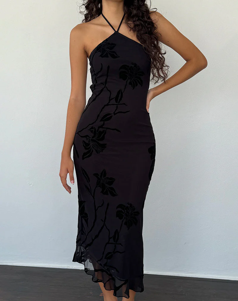 Ribka Midikleid mit Neckholder aus Orchideenflock Schwarz