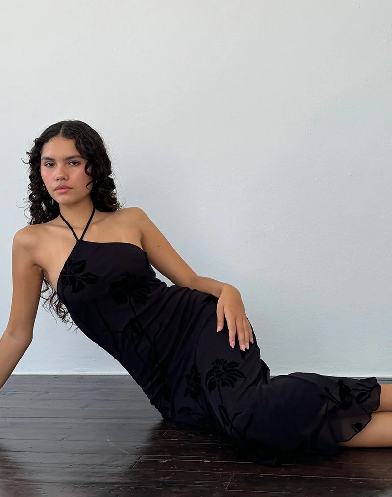 Ribka Midikleid mit Neckholder aus Orchideenflock Schwarz - Image 2