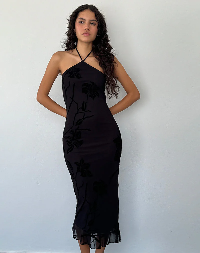 Ribka Midikleid mit Neckholder aus Orchideenflock Schwarz - Image 3