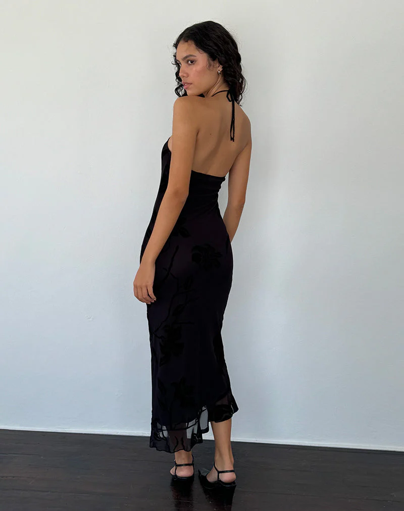 Ribka Midikleid mit Neckholder aus Orchideenflock Schwarz - Image 4