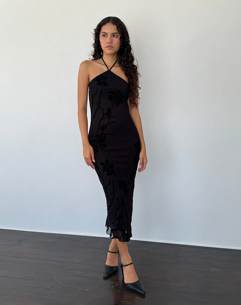 Ribka Midikleid mit Neckholder aus Orchideenflock Schwarz - Image 5