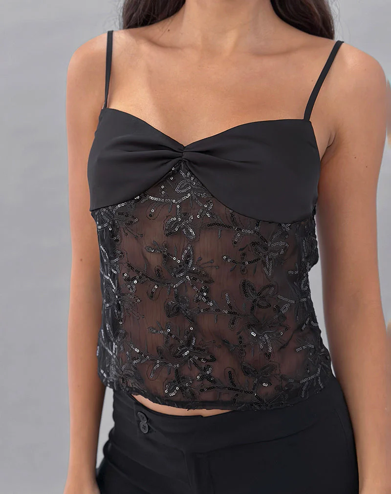 Rikasu Top aus floralem Chiffon mit Pailletten Schwarz - Image 2