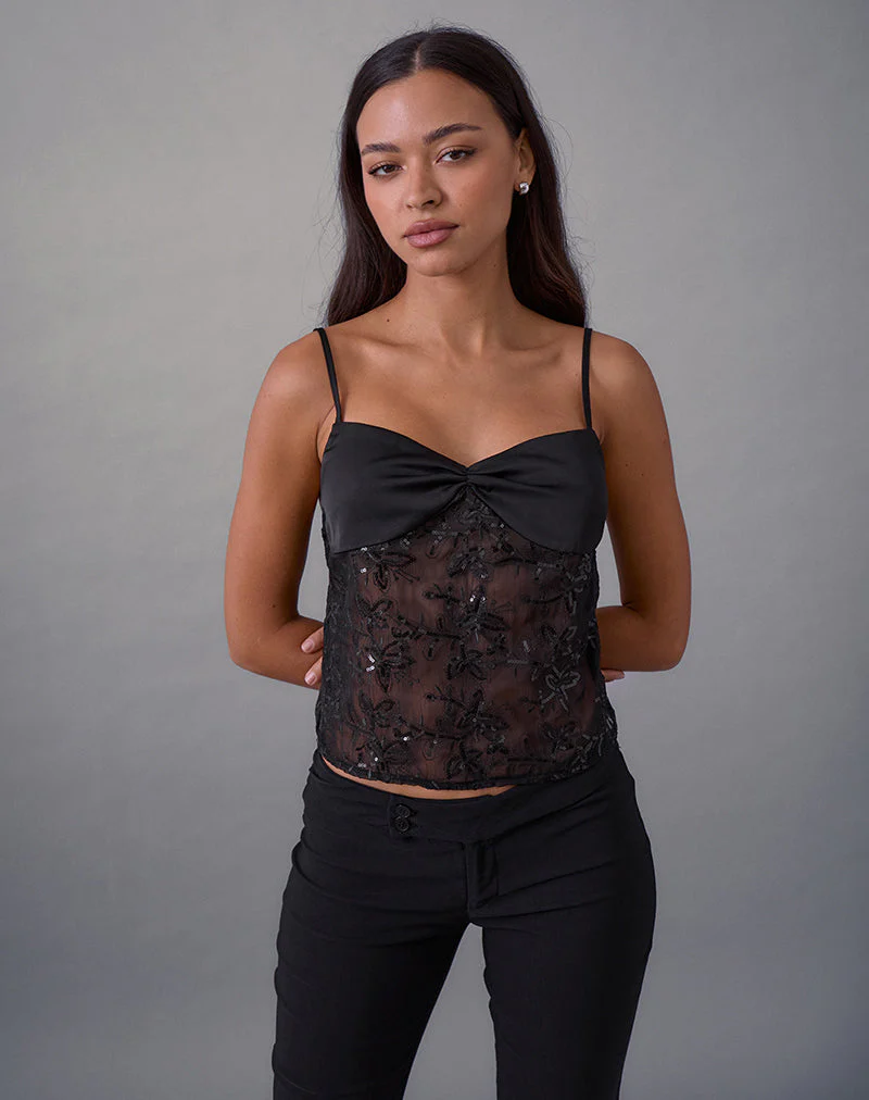 Rikasu Top aus floralem Chiffon mit Pailletten Schwarz - Image 5