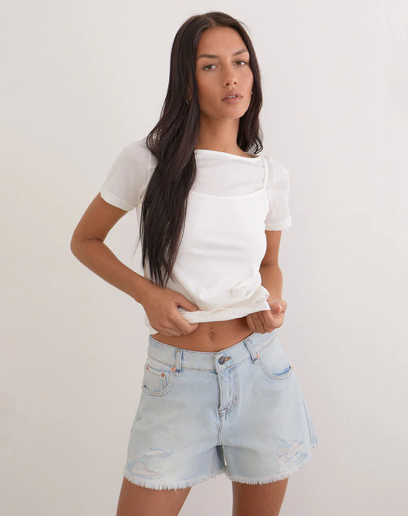 Ripped Baggy Denim Short in Icy Blue