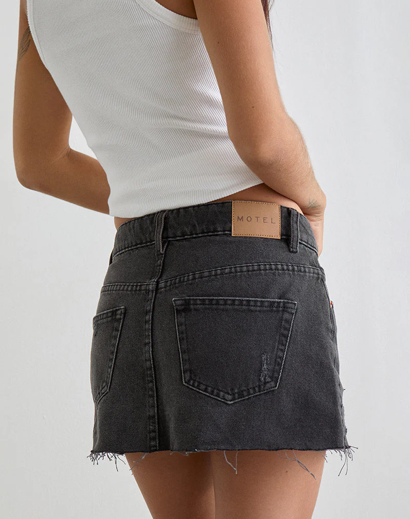 Ripped Raw Hem Denim Mini Skirt in Vintage Black - Image 2