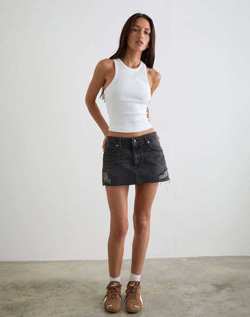 Ripped Raw Hem Denim Mini Skirt in Vintage Black - Image 4