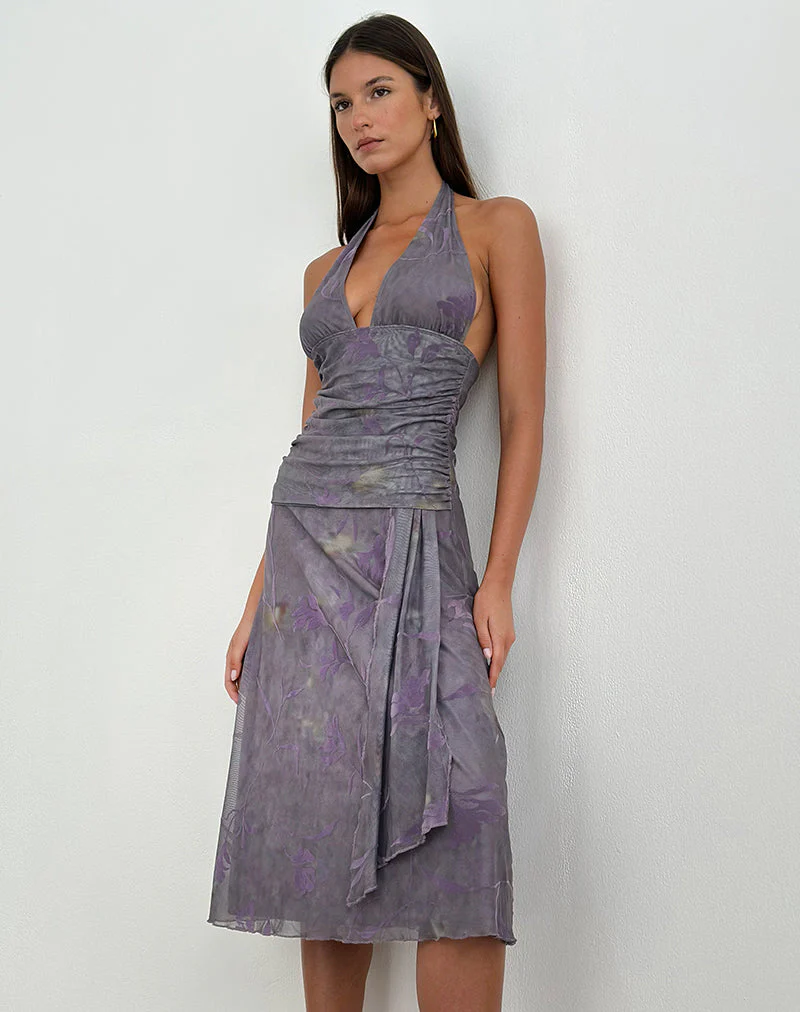 Rokoyo Neckholder-Midikleid in Flare Flower Purple