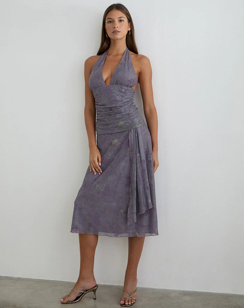 Rokoyo Neckholder-Midikleid in Flare Flower Purple - Image 4