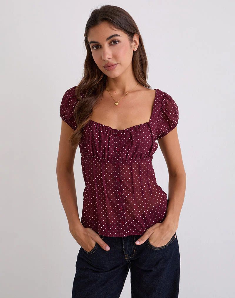 Rolina Bluse aus Chiffon Mini Polka Burgundy - Image 2