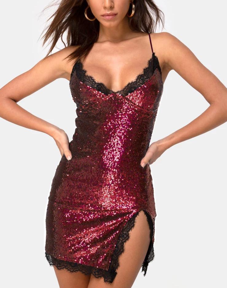 Romini Kleid aus burgunderfarbenem Mini-Paillettenstoff mit schwarzer Spitze - Image 2