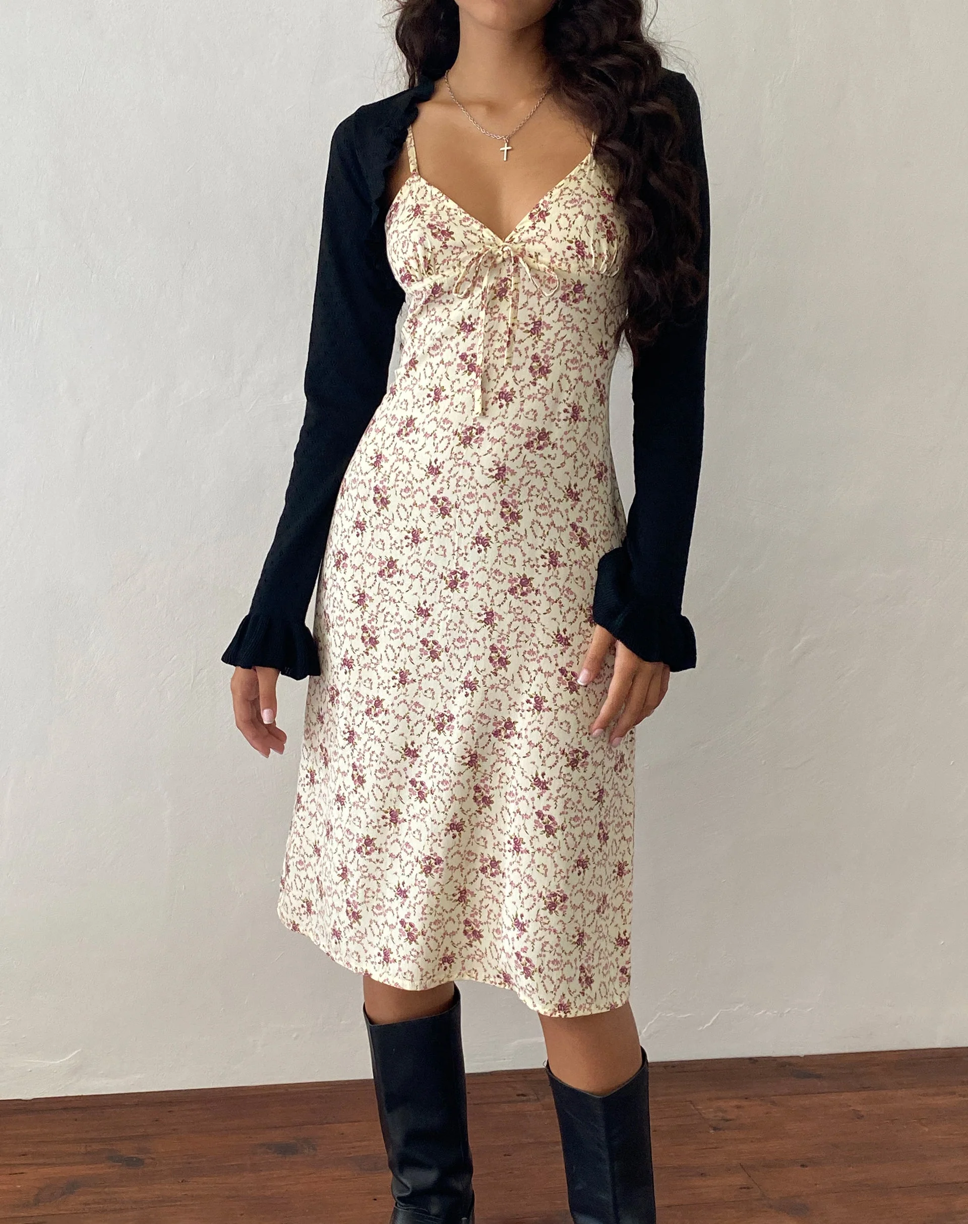 Ronsha Midikleid aus Blumenkette Creme