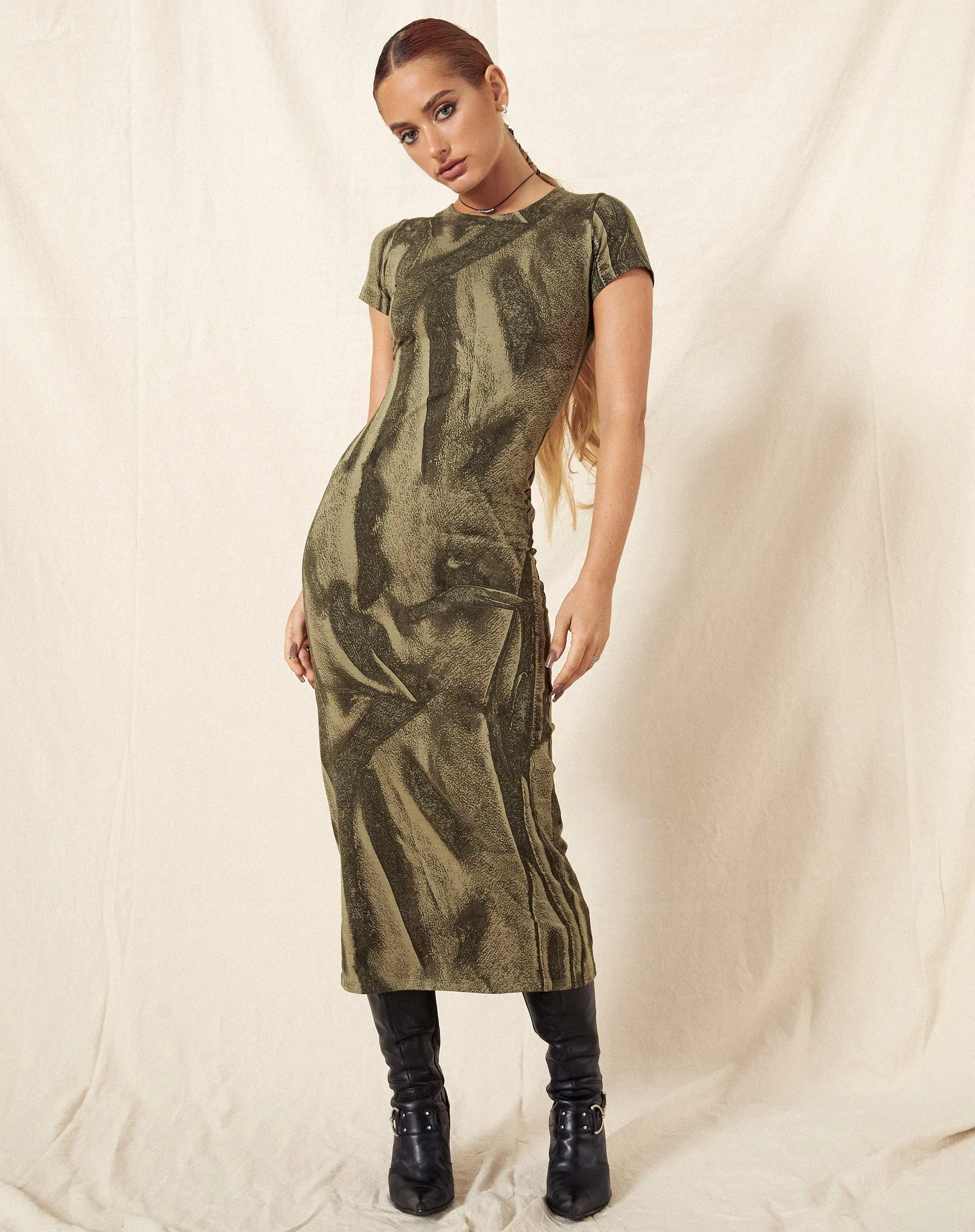 Rosika Midikleid in dystopischer Falte Khaki