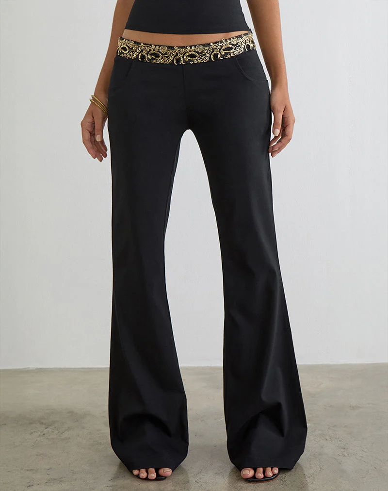 Rosimo Flare Trouser in Black with Embroidered Sequin Trim - Image 2