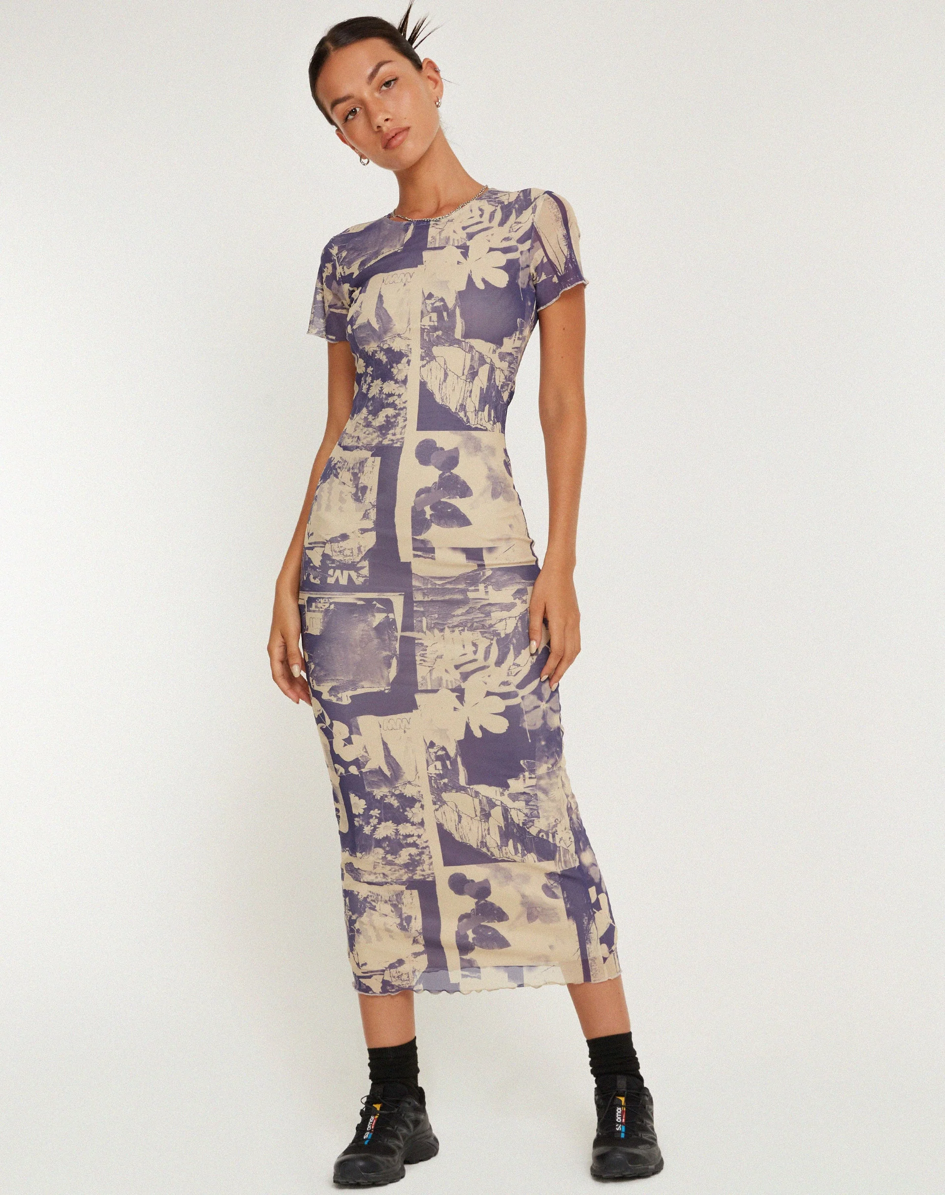 Roska Bedrucktes Midikleid aus Mesh in Collage Floral Shadow Violett