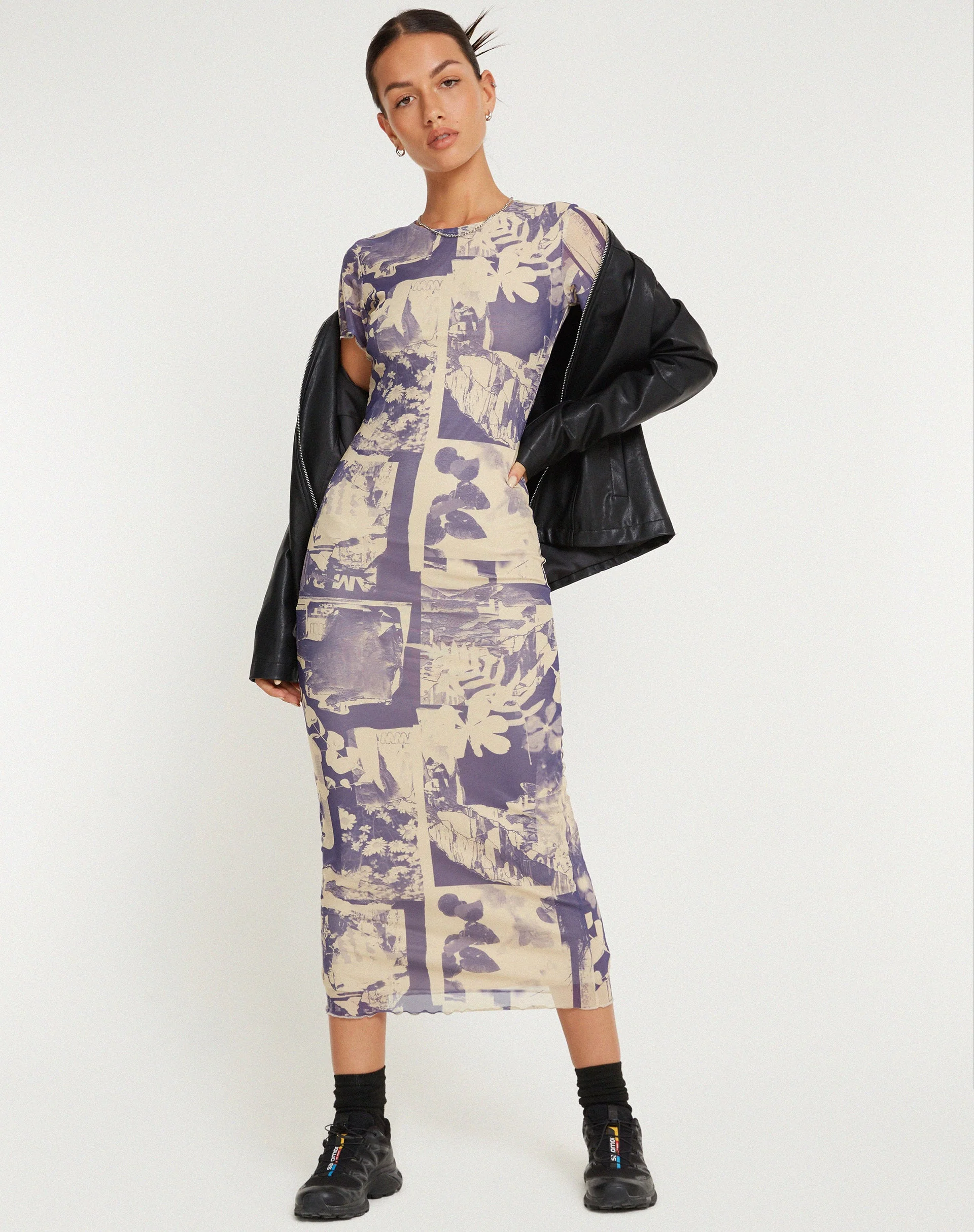 Roska Bedrucktes Midikleid aus Mesh in Collage Floral Shadow Violett - Image 3