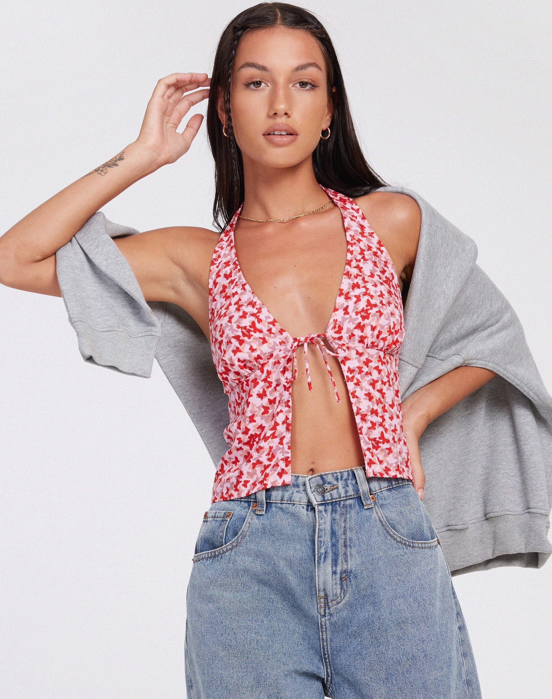 Roula Neckholder-Top in Ditsy Butterfly Pfirsichrot - Image 2