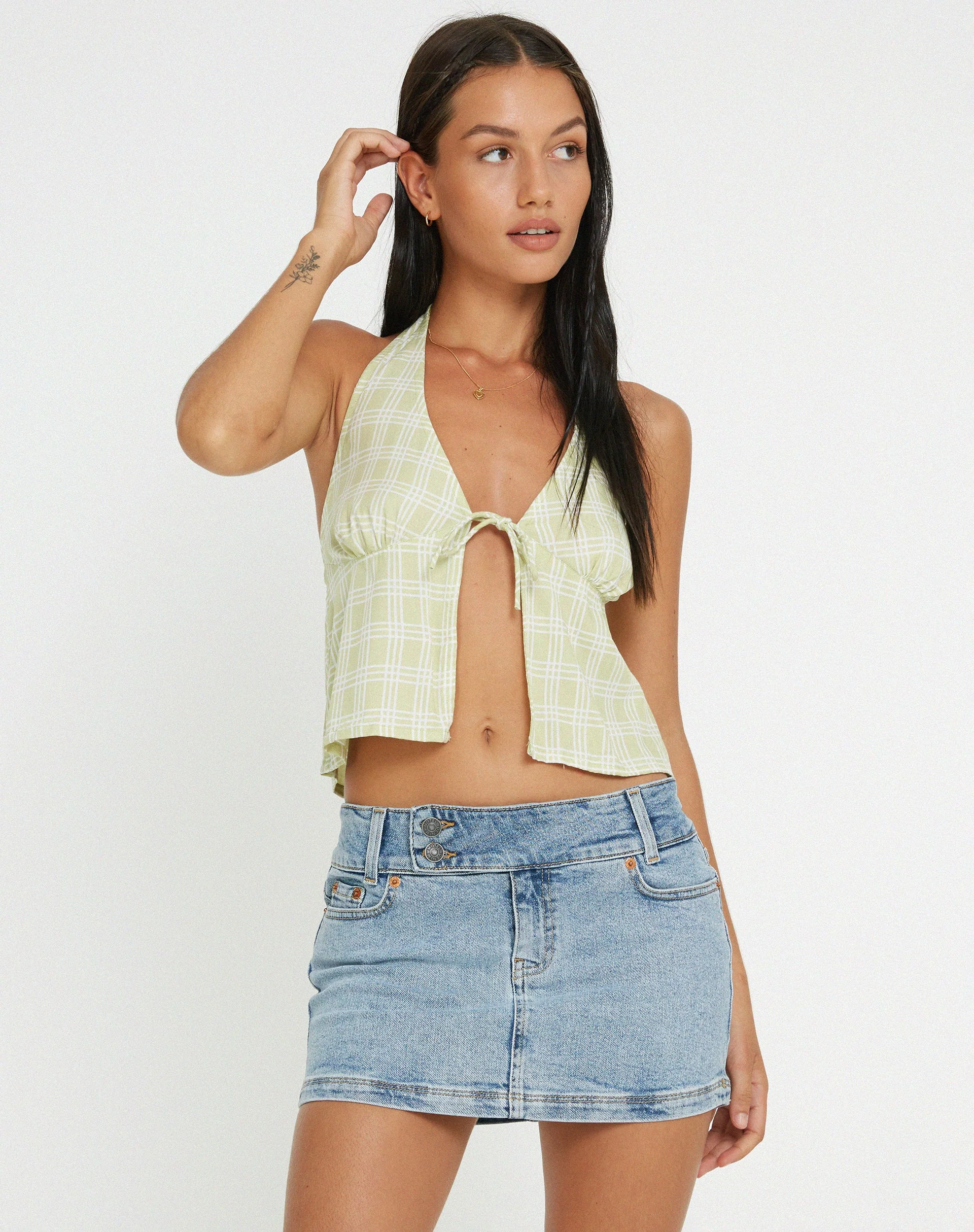 Roula Neckholder-Top in Salbei-Karo