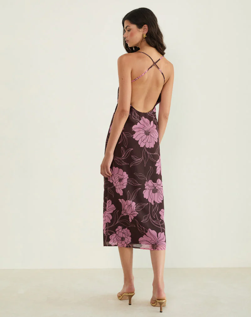 Rujira Cowl Midikleid in Flare Floral Rosa Braun - Image 2